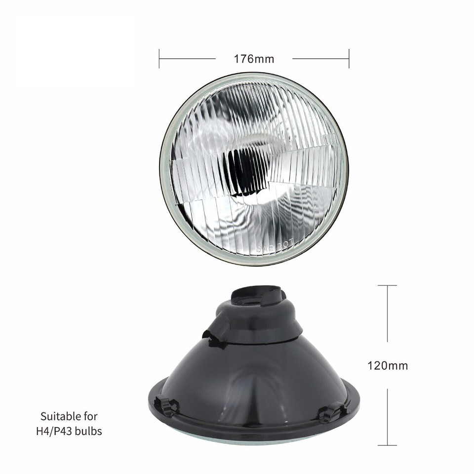 Pair Of 7-Inch Round Glass Headlight Housings - Chrome, Vintage Style, H4 Bulb Compatible