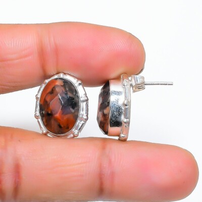 Mahogany Obsidian Gemstone Handmade 925 Sterling silver Stud Earring Size 0.75''
