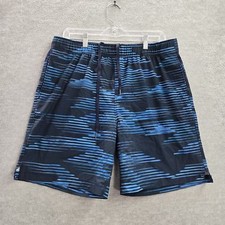 Speedo Men Swimwear L Navy Blue Swim Trunks Striped Activewear 8" Inseam
