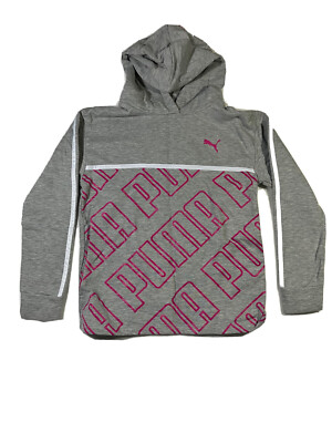 Puma Youth XL (16) Gray Pink White Oversized Print Logo Hoodie