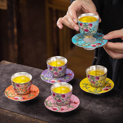 5 Cup+saucers Ceramic Silver Tea Cup Coaster Color Enamel