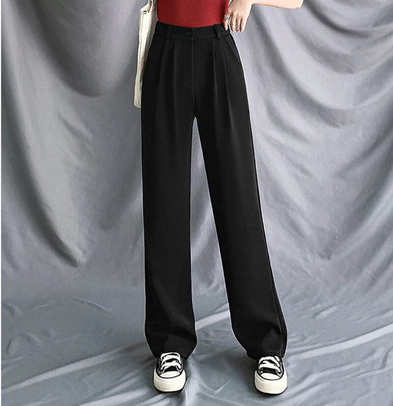Women High Waist Drape Straight Pants Retro Wide Leg Work Casual Palazzo Trouser
