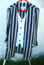 CLASSIC APPAREL USA WHITE BLOUSE VEST INSERT BLACK BEIGE STRIPE JACKET WOMEN L M