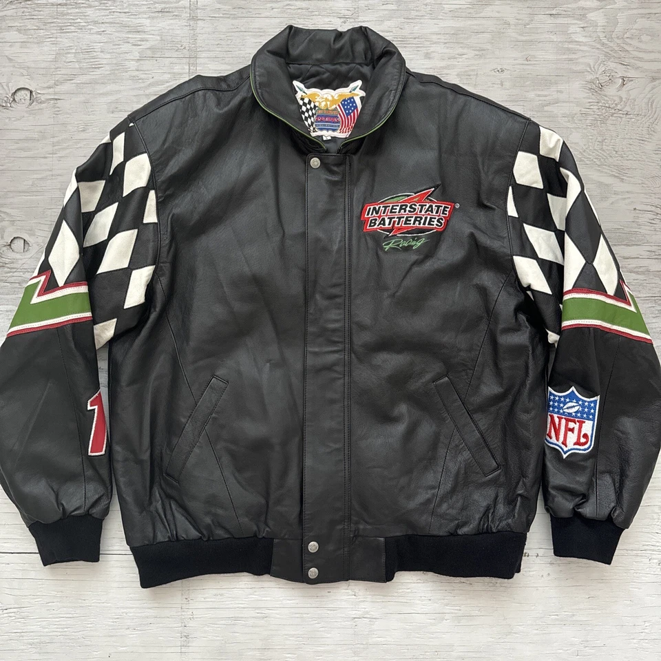 Chaqueta de cuero parche NFL vintage NASCAR Jeff Hamilton Bobby Labonte #18 talla L Foto 2 de 4