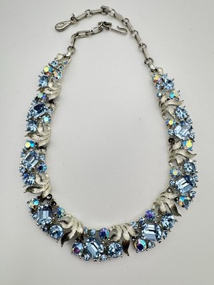 Vintage Lisner Necklace Blue Aurora Borealis AB Rhinestone Leaf Choker READ