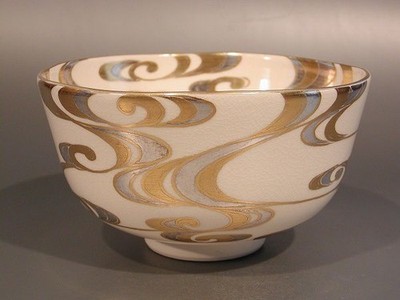 MTO Japanese Matcha Tea Bowl Chawan Gold Silver Stream Design by Sagami Ryusen