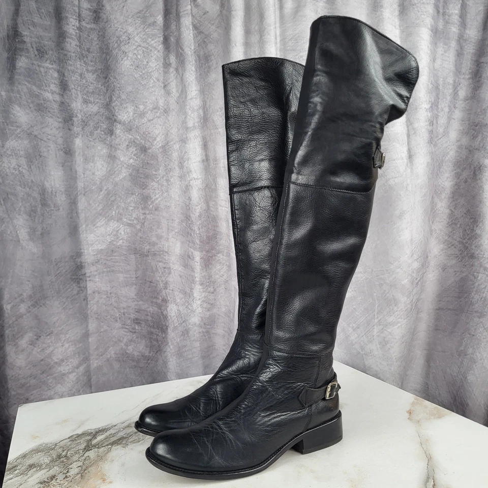 Steve Madden Over Knee Genuine Leather Biker Boots Women's 7.5 Black Zip Strap - Image 4 of 4
