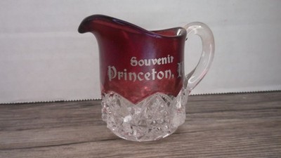 antique EAPG. Ruby red flash mini pitcher or creamer of Princeton, Ill.     Z150