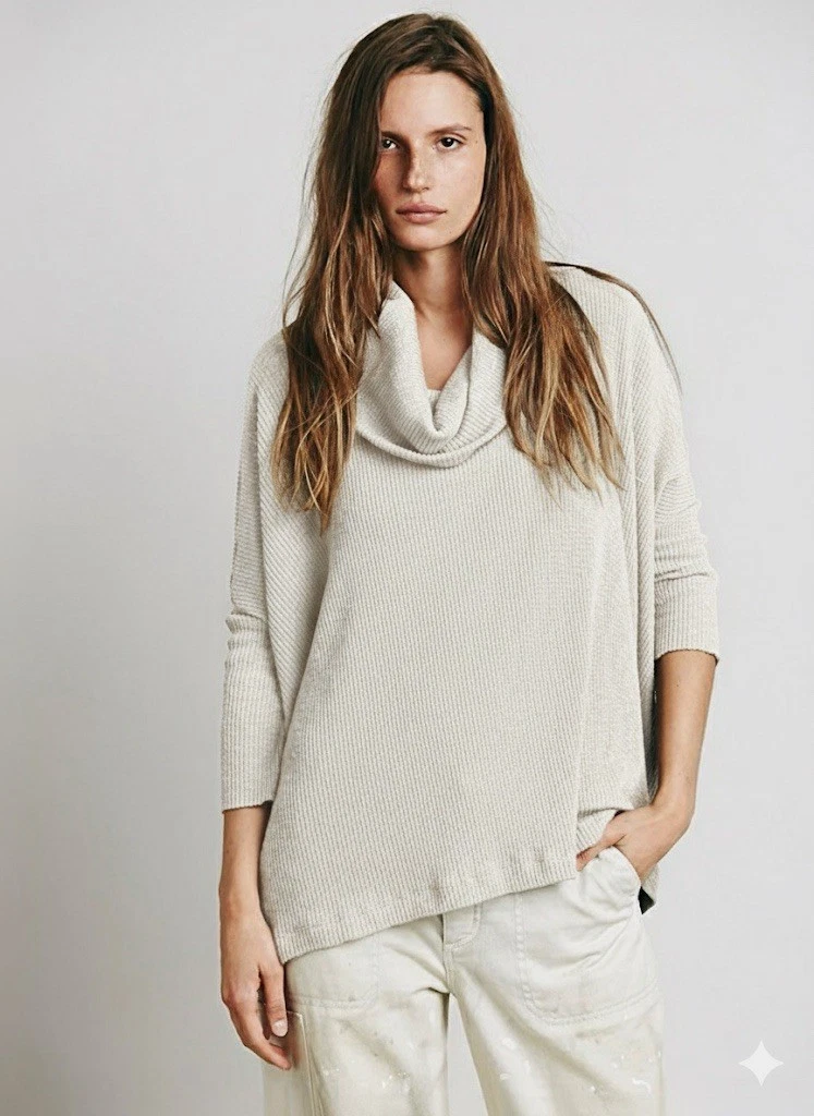 Free People World Traveler Cowl Neck Split Back Poncho Sweater S/P Ivory