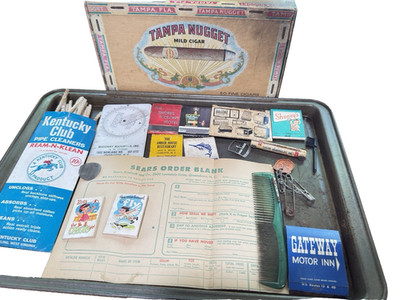 Vtg Cigar Box Junk Drawer Lot Cracker Jacks Sears Chevrolet Matches Pipe Cleaner
