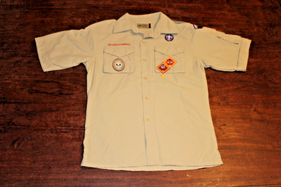 Boy Scouts of America BSA Youth Shirt Tan Large 100% Supplex Nylon Sewn Patches