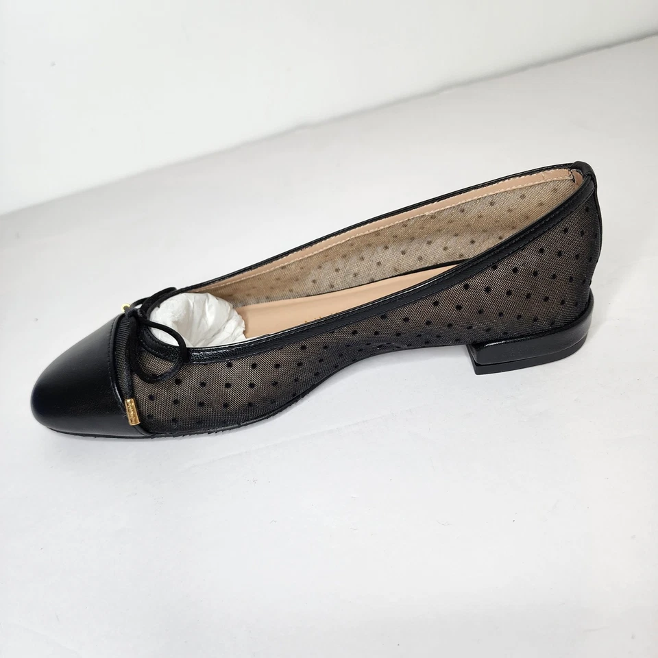 Stuart Weitzman Women's Black Leather and Mesh Bow Flat Ballet Shoes Size 5.5 - Image 3 of 4