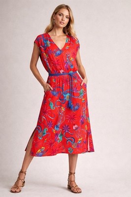 Twinset Milano Dress XL NWT Red Ocean Print V Neck Tassel Belt Resort