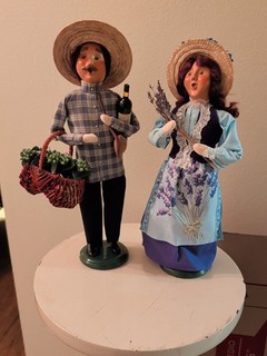 Pair Byers Choice 2002 Lavender Lady & Man Flower Gatherer.Man W/ Wine & Basket