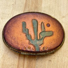 Vtg Southwestern Tooled Leather Belt Buckle, Cactus w Sun, 3.5"w