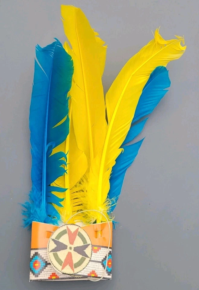 Vintage Costume Big Chief Headdress Lot of 2 Paper Headband Blue/Yellow Feathers - Image 3 of 4