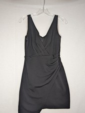 Emerald Sundae Women's Black Sleeveless V-Neck Ruched Faux Wrap Mini Dress