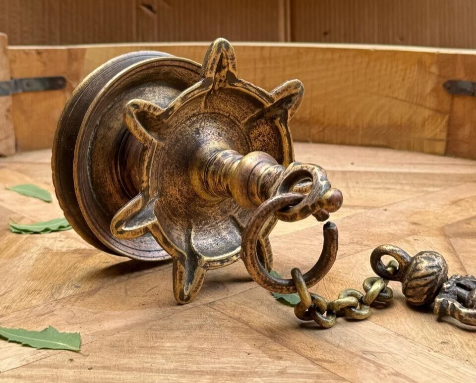 Antique Brass Hanging Diya Oil Light Lamp with Chain Original Old Fine Engraved - Image 3 of 4