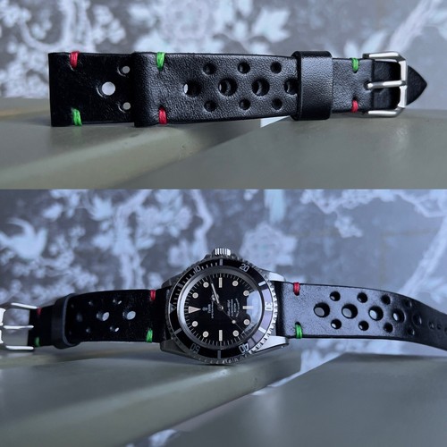 20mm Cinturino In Vera Pelle Traforato Racing Rally Nero Cuciture "ITALY" - Imagen 3 de 6