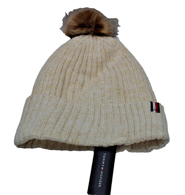 Tommy Hilfiger Ribbed Pom Beanie Hat Cream Gold Metallic New! NWT