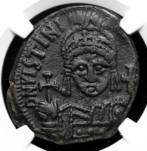 BYZANTINE. Justinian I, AD 527-565. Æ Half Follis, NGC XF