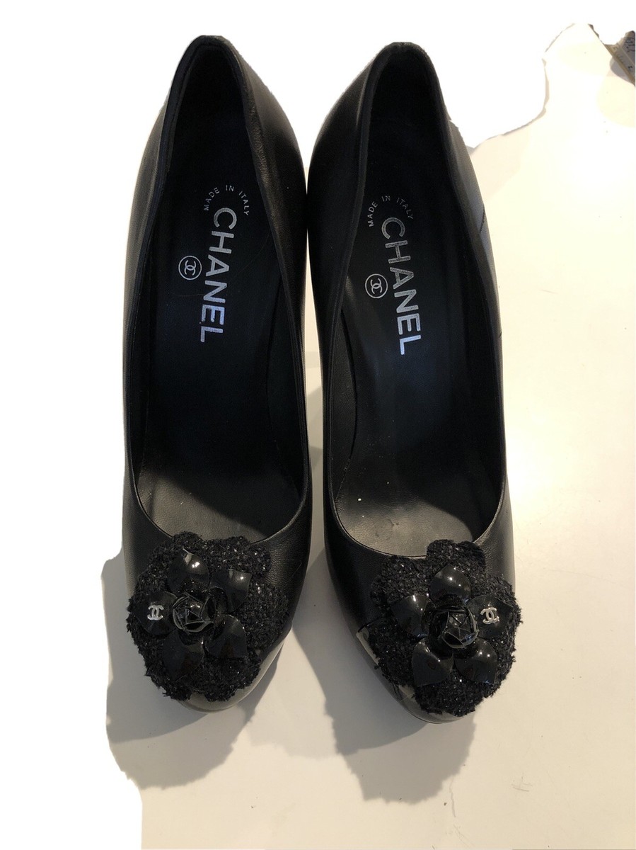 Chanel Black Leather Patent Captoe Camellia Flower Pumps Size