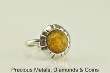 Sterling Silver 15mm Amber Flower Sun Ring 925 Sz: 6.5