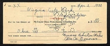 McGraw-Hill Pub. / Donovan Reduction Works (Silver City Mining) 1932 Bank Check