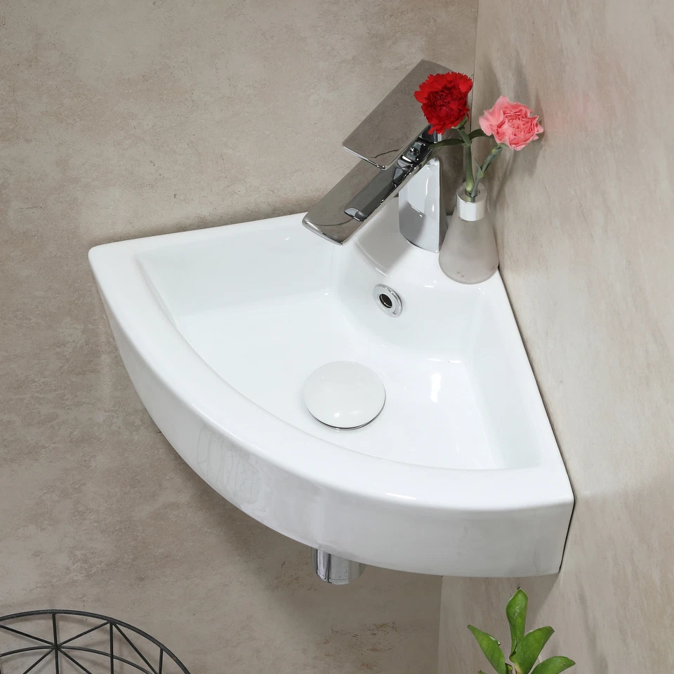 Corner Bathroom Sink Wash Bsin Vanity Sink Wall Mount Ceramic White Triangle - Image 2 of 4