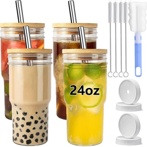 4 Pack Glass Cups Set 24oz BOBA Tea Drinking Glasses w Bamboo Lids Metal Straw
