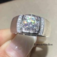 14K White Gold Over 3CT Round Cut Real Moissanite Men's Engagement Wedding Ring