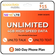 SpeedTalk SIM Card Kit Unlimited Data Talk Text Prepaid Smart Phone Plan $15/Mo.
