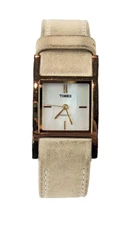 Timex P6 Square Gold Tone Watch w Tan Leather Band NEW BATT