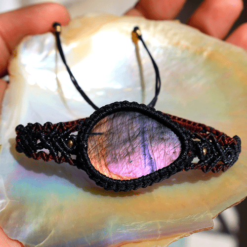 Bracciale Cristallo Macramè Fatto a Mano Naturale Labradorite Viola Flash Bellissimo - Foto 3 di 11