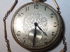 Elgin pocket watch 12S 17 jewels 14K GF, runs, w/ chain. 28410101, 1925. Vintage