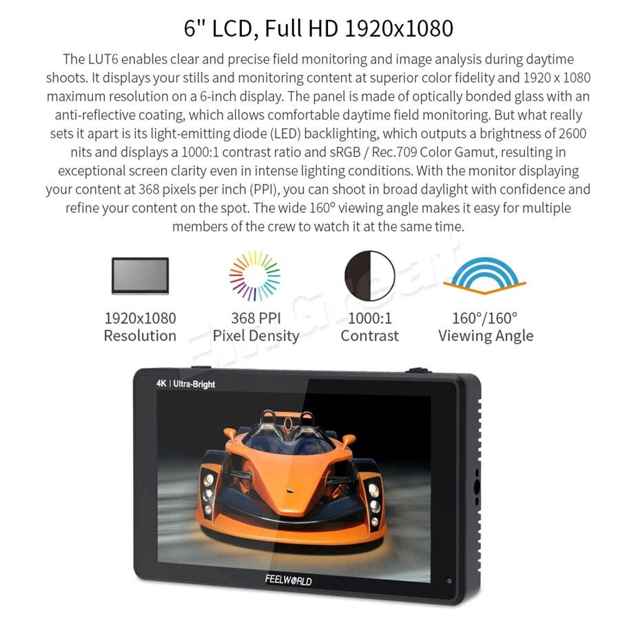 DHL FEELWORLD LUT6  6" 2600nits HDR/3D LUT HDMI Field Monitor 4K for DSLR Camera - Image 4 of 4
