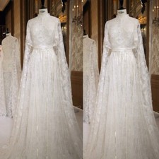 Light Champagne Muslim Wedding Dresses A Line Lace Appliques Bridal Gowns