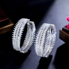Statement Chunky CZ Silver Plated Round Big Wide Wedding Hoop Earrings for Women