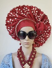 Red Aso Oke Auto Gele, Red Fan Gele, AutoGele, ReadyMade Gele, Love Gele