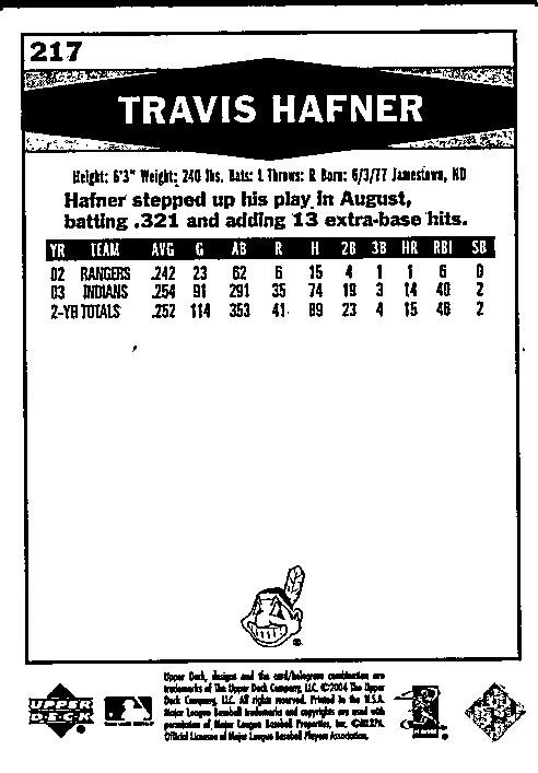 2004 Upper Deck Vintage Travis Hafner #217 Cleveland Indians - Image 2 of 2