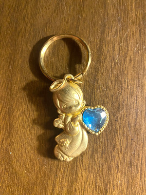 Vintage Precious moments BLUE Lucite DECEMBER Gold Tone Key Chain/PENDANT 1 3/4''