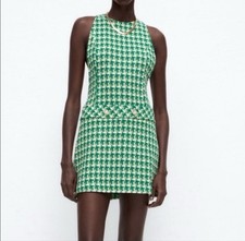 Zara Green Houndstooth Short tweed dress Size XS