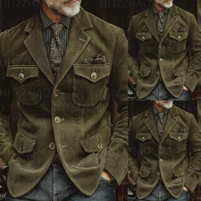 Olive Green Corduroy Men's Suits Safari Jacket Outdoor Hunting Coat Two Pieces
