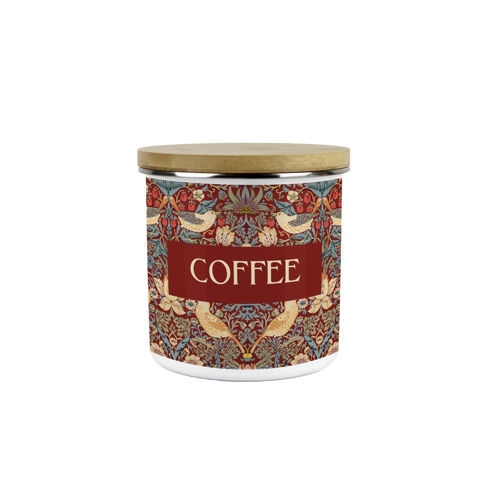Red Strawberry Thief Coffee Storage Canister - Medium Enamel & Bamboo Container