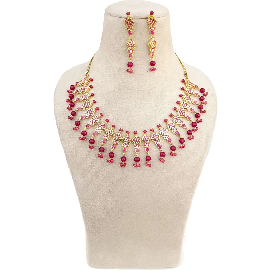 Ruby Necklace Set for Women 24K Gold Plated Jewelry with Earrings Bridal Party - image 2 of 4