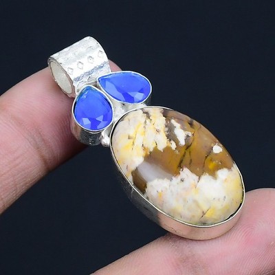 Honey Dendritic, Blue Chalcedony Gemstone 925 Silver Jewelry Pendant 1.97''