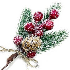 Christmas Berries Red Stems Evergreen Pine Branches 8pcs Christmas Picks Spra...
