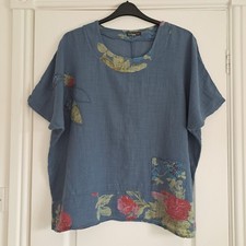 Made In Italy Linen Tunic Top Large Chest 40-50in Blue Floral Design Ladies