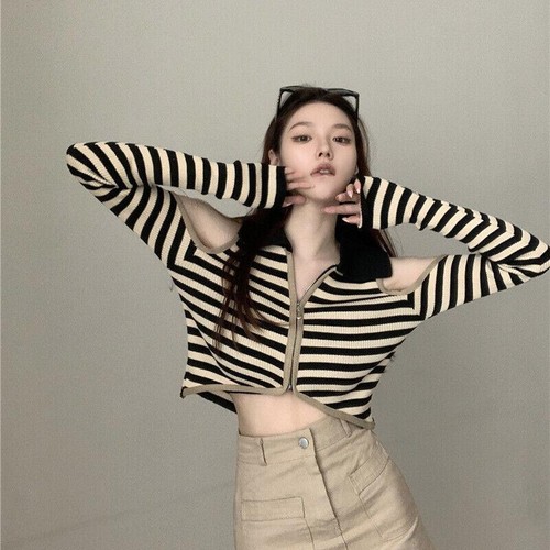 Lady Crop Top Knitted Shirt Off Shoulder Striped Long Sleeve Lapel Collar Blouse - Picture 3 of 16