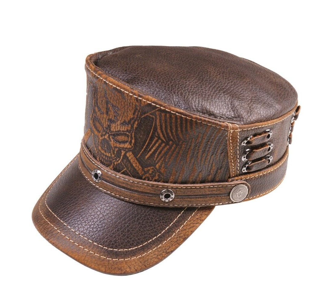Brown Leather Scull Cap Biker Aviator Army Steampunk style with Winged Design
